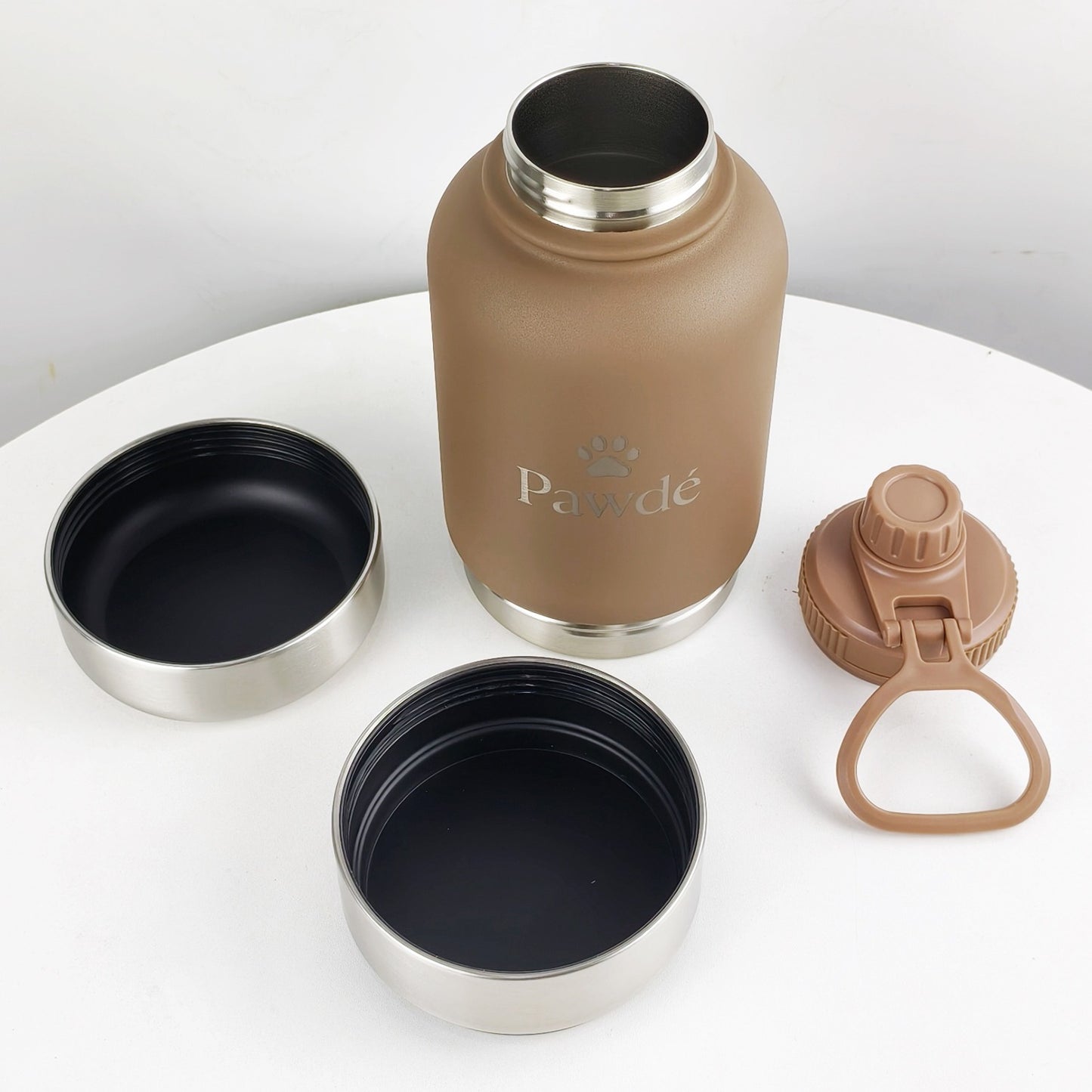 3-in-1 Pet Water Bottle with Dual Bowls, Brown