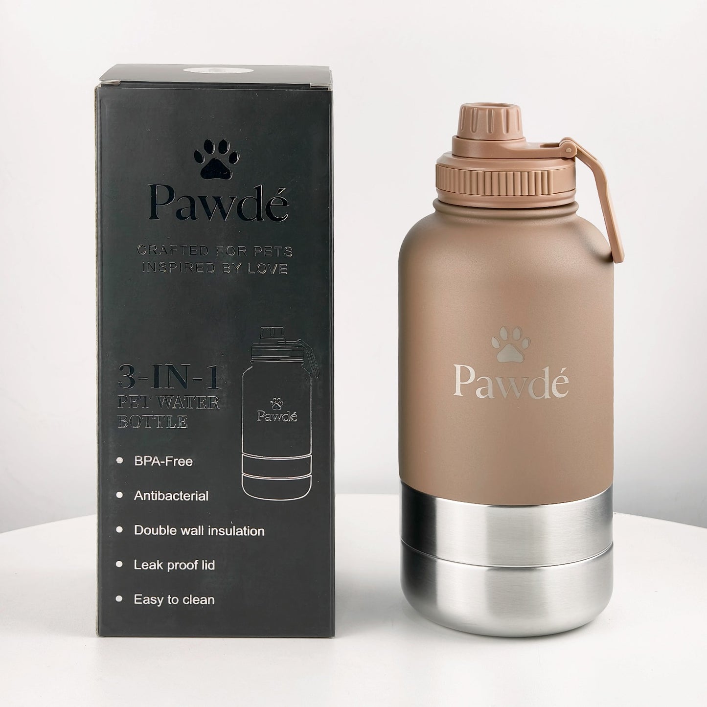 3-in-1 Pet Water Bottle with Dual Bowls, Brown