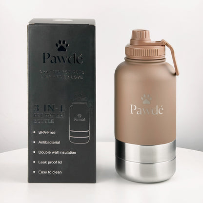 3-in-1 Pet Water Bottle with Dual Bowls, Brown